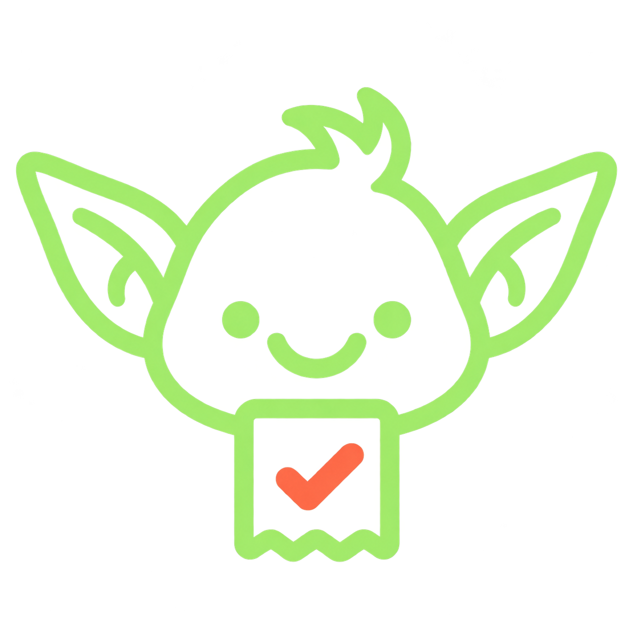 Friendly green goblin holding a checked receipt